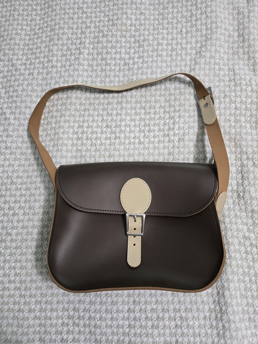 Dark Brown Genuine Leather Satchel with Cream Trim